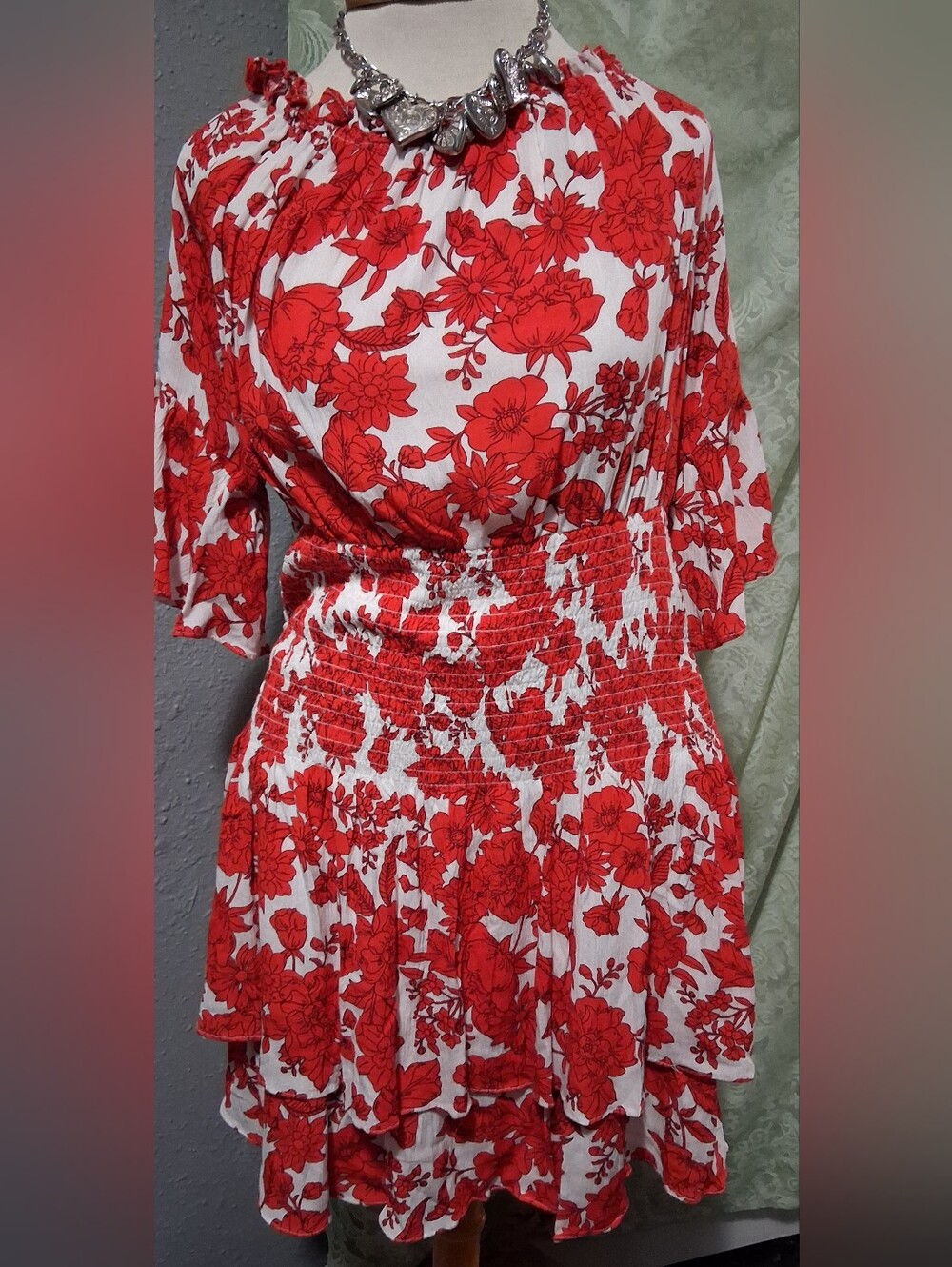 Red/Dark RED Floral Smocked-Waist Mini Dress